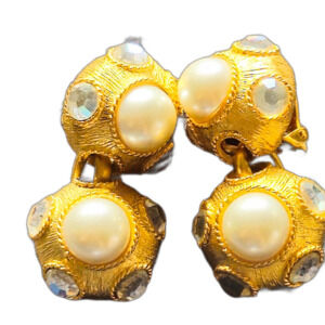 Vintage Signed Craft Clip On Earrings Large Runway Gold Tone Pearl Rhinestone